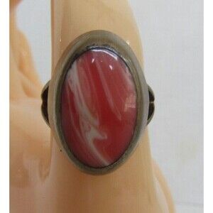 Sterling Silver 925 Mexico Coral Ring Vintage Marbled Chunky Womens
